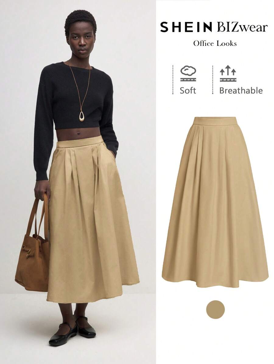BizChic 2025 Autumn Women's Khaki Pleated Waist Slant Pocket Flared Hem Design Skirt, Elegant Business Casual Everyday Commute, Suitable For Beach Resort, Wedding Guest, Brunch, Airport, 90s Retro Style, Office Wear, Teacher Attire