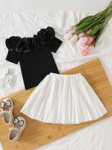 SHEIN Young Girl Summer Elegant Ruffle Short Sleeve T-Shirt + Pleated Skirt Set - Black - View 2