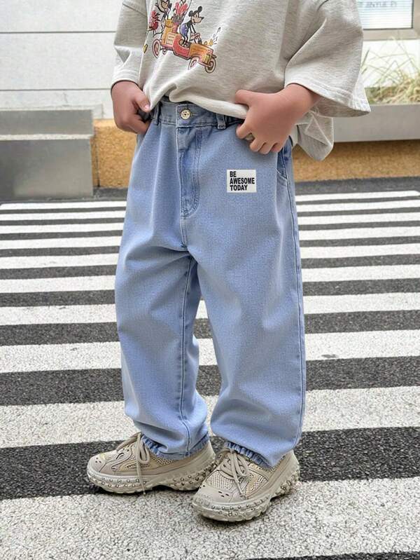 Toddler Boy Denimly Casual Daily Urban Street/Vintage/Western Wild Preppy Outdoor Style Tapered Leg Jeans, Light Blue Wash, Comfortable For Summer & All Season Streetwear