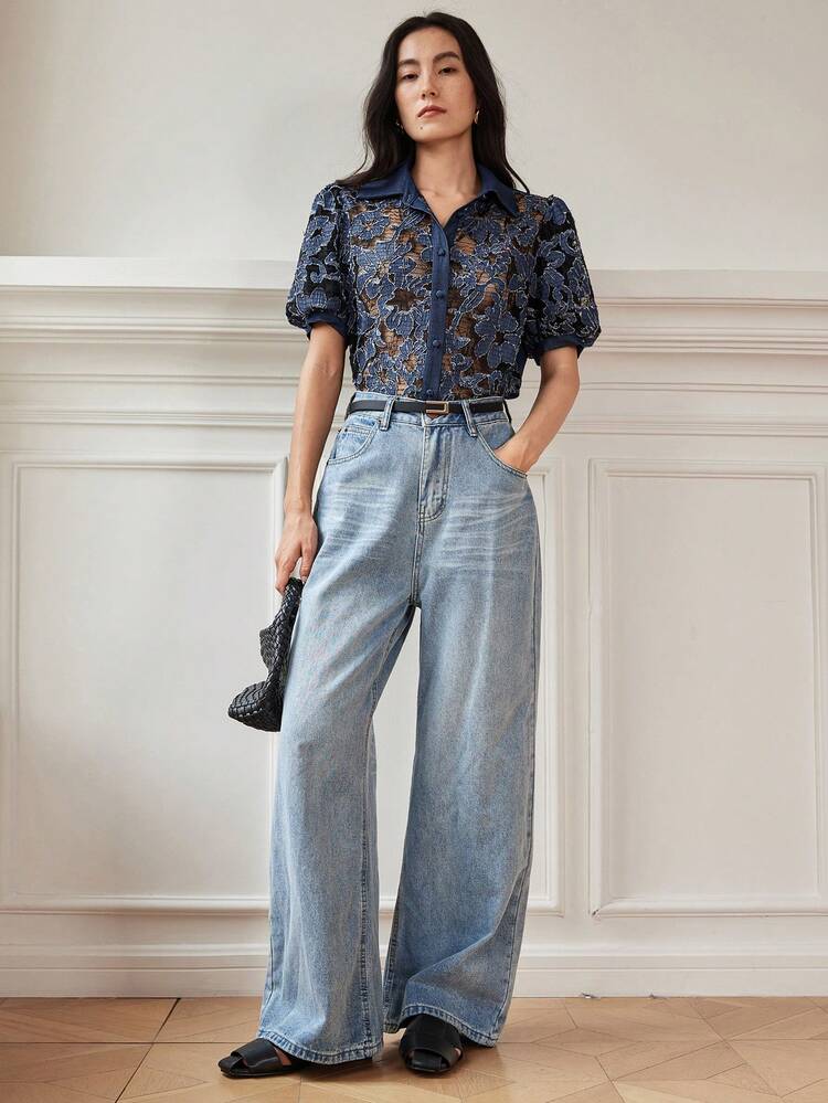 Women's Short Sleeve Lace Stitching Hollow Out Elegant Business Casual Blouse Shirt, Summer
