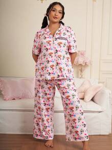 THE POWERPUFF GIRLS X SHEIN Conjunto de pijama con blusa de manga corta y pantalón largo con estampado de Flor, Burbuja, Florecita en talla grande