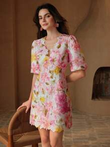 Women V-Neck Short Puff Sleeve Ruffled A-Line Lace Floral Print Dress, Summer, Festival, Holiday, Vacation, Elegant - Pink - View 6