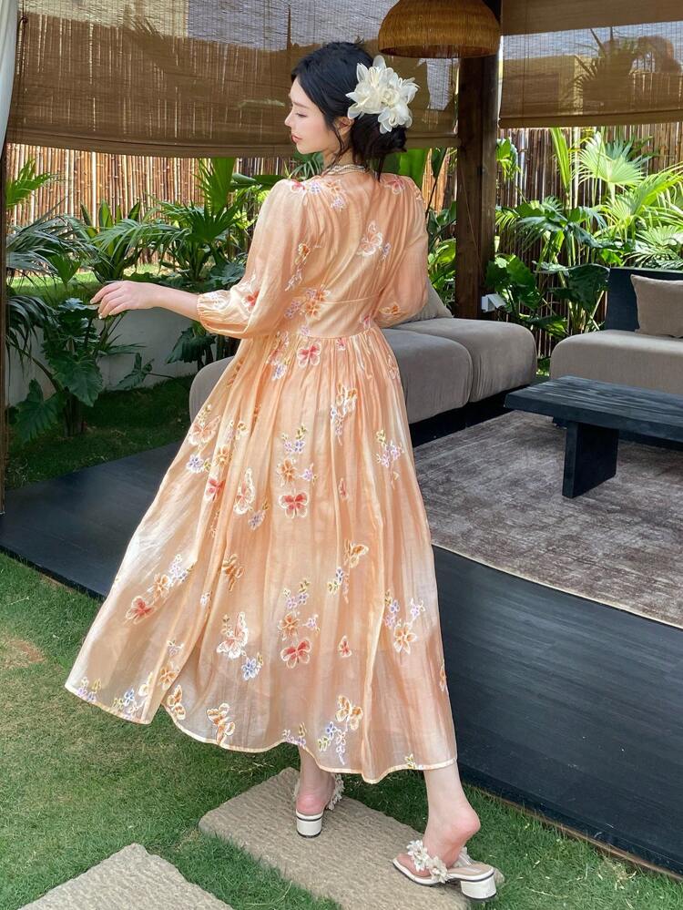 Women's V-Neck Casual Ombre Butterfly Puff Sleeve Mid-Length Dress Maxi Dress Boho