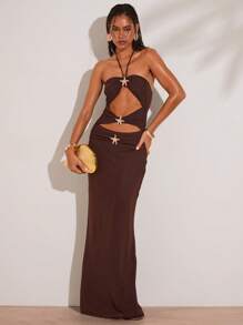 SHEIN BAE 女士纯色露背镂空休闲度假无袖连衣裙