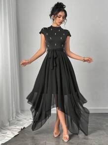 Modelyn Knit Patchwork Chiffon Bubble Pearl Cinched Waist Asymmetrical Hem Dress For Women - Black - View 6