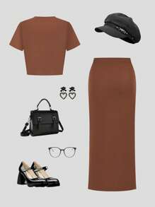 SHEIN 2 件套：条纹短款针织上衣和中长裙套装，适合少女的休闲日常装 - 咖啡棕 - 查看 2