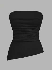 Tseoso 95% 纯棉女式黑色不对称下摆褶裥开叉露肩上衣，舒适别致，修身剪裁，适合日常穿着，适合室内和室外活动，复古风格，柔和的女孩氛围，非常适合外出、居家、返校和秋季女士时尚。 - 彩色 - 查看 2