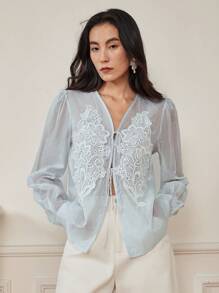 Dazy-Less Women's Elegant Casual Holiday Blooming Flower Decor Crochet Lace Trim Organza Chiffon Drawstring Cardigan Long Sleeve Blouse, Summer,Fall Women Clothes Business Casual Woman Work Clothes - Baby Blue - View 1