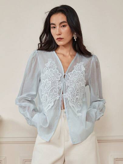 Dazy-Less Women's Elegant Casual Holiday Blooming Flower Decor Crochet Lace Trim Organza Chiffon Drawstring Cardigan Long Sleeve Blouse, Summer,Fall Women Clothes Business Casual Woman Work Clothes