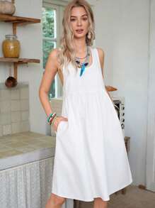 LanaWest Women's Casual Sleeveless Loose Solid Color Denim Dress, Summer - White - View 8