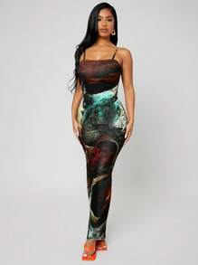 SHEIN SXY Elegant Sexy Fitted Maxi Marble Print Cami Dress Homecoming Dress,Summer Dresses For Women - Multicolor - View 5
