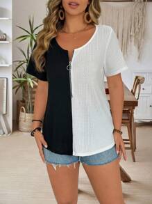 SHEIN LUNE Große Größen Schwarz & Weiß kontrastierendes Reißverschluss Waffelpique Kurzarm T-Shirt