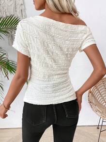 EMERY ROSE 1 Peça Camiseta de Manga Curta com Ombros Oblíquos e Cor Sólida para Mulheres, Minimalista e Elegante para o Verão - Branco - Visão 2