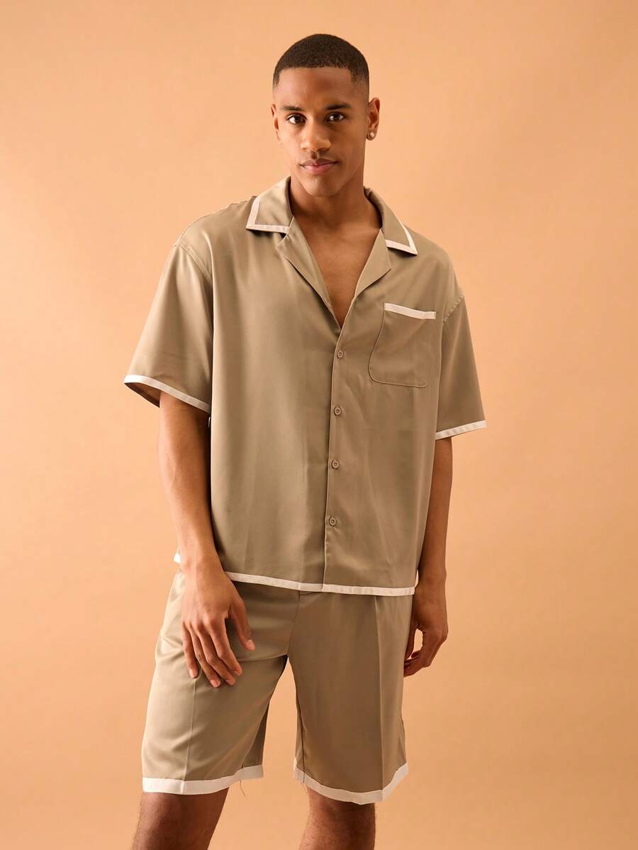 Musero Satin Contrast Binding Button Through Short Sleeve Shirt Only Summer Streetstyle Vacation Smart - Light Grey - View 1