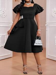 Fleurora Plus Size Elegant Solid Color Rhinestone Embellished Ruffle Hem Midi Dress