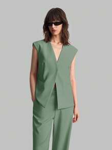 Ontre Nuevo top de chaleco casual de mujer de 2025 verano, con cuello en V, abotonadura frontal, hombreras, apropiado para bodas, conciertos, brunch, uso casual en el aeropuerto, estilo vintage de los 90, estilo de Estocolmo, Día de la Independencia Americana