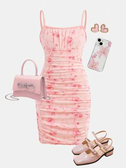 SHEIN Girlism Tween Girls Elegant Floral Print Snug Fit Strap Knit Mini Dress, Casual Vacation Style