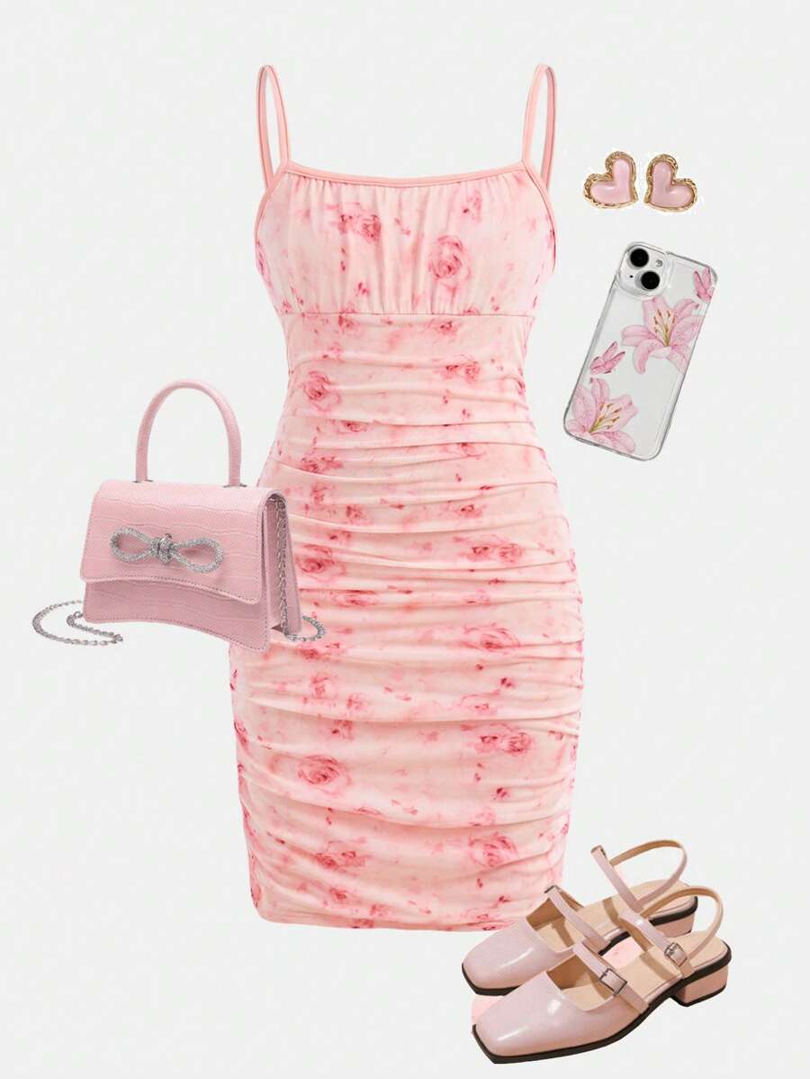 SHEIN Girlism 青少年女孩优雅花卉印花紧身吊带针织迷你连衣裙，休闲度假风格 - 粉色 - 查看 1