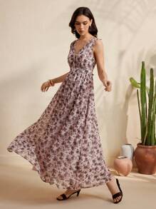 Chiquease Váy đi biển dài in họa tiết hở lưng cổ chữ V thoải mái - Màu be - Xem 4