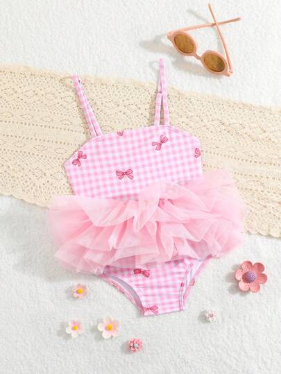 SHEIN Baby Girl Swimsuit, Spring/Summer New Product, Featuring Bow, Tulle Skirt, Ballet Tulle Skirt, Strappy One-Piece Style, Cute & Sweet Design, Suitable For Baby Girl Swimming Lessons And First Vacation Baby Girl Clothes Baby Baby Clothes For Baby Girl Summer Clothes Baby Girl Clothing Baby Girl Clothes Baby Girl Summer