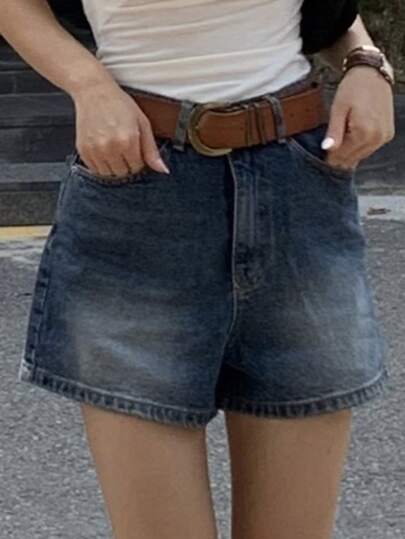 DAZY Distressed Dark Wash Mini Straight Leg Denim Shorts, Spring/Summer