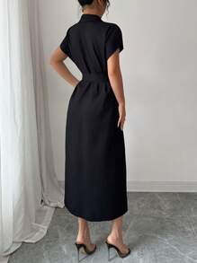 Elenzga Women's Summer Simple Button Front Batwing Sleeve Mini Dress - Black - View 2