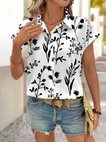 SHEIN LUNE Casual Loose Fitting Short Sleeve Button-Up Shirt, Suitable For Summer - Multicolor - View 1