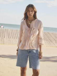 Aralina Ruffled V-Neck Long Sleeve Front Tie Blouse - Baby Pink - View 6