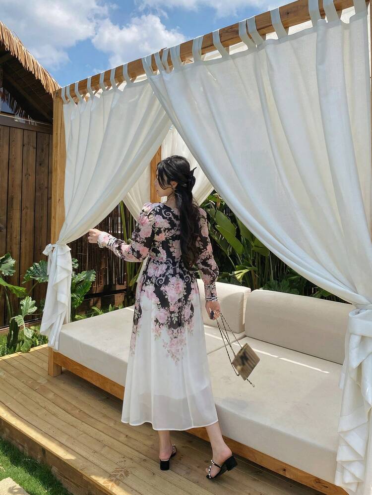 Women V-Neck Ombre Floral Print Long Sleeve Mid-Length Dress,Fall Dress Boho