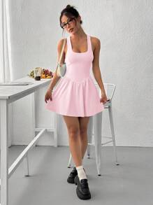 SHEIN EZwear 纯色工字背休闲连衣裙配短裤 - 粉色 - 查看 5