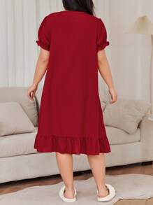 Dream Adore Plus Size Wine Red & White Contrast Color Bowknot Decor Square Collar Ruffle Puff Sleeve Nightgown Maxi Dress, Plus Size - Burgundy - View 2