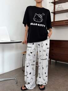 HELLO KITTY | DAZY 全身印花宽松T恤和配套宽松睡裤套装，女士春夏睡衣 - 黑色 - 查看 6