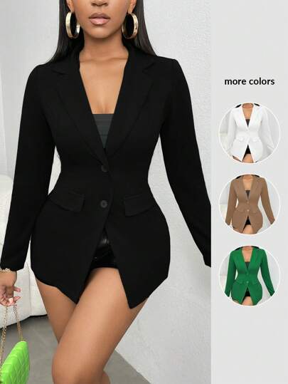 SHEIN SXY 秋冬款纯色纽扣前翻领西装外套