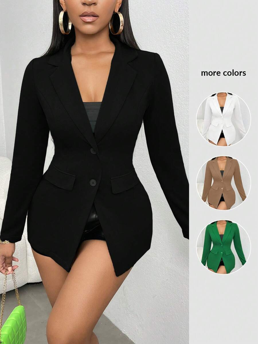 SHEIN SXY 秋冬款纯色纽扣前翻领西装外套 - 黑色 - 查看 1