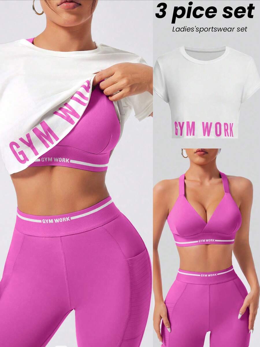 Core Rhythm Bộ 3 áo thun tay ngắn họa tiết chữ, áo crop top và quần legging thể thao thường ngày cho nữ - Màu Hồng Tươi - Xem 1