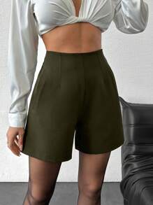 EURMUSE Women's Casual Solid Color Shorts For Commuting, Summer - Army Green - View 4