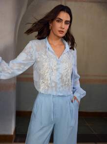 ZEYLAH 镂空花卉蕾丝边优雅长袖衬衫 - 藍色 - 查看 7