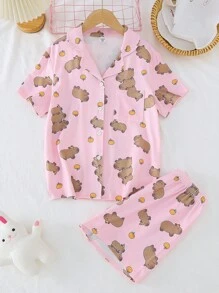2 Peças Conjunto de Roupas Casuais de Manga Curta e Shorts com Estampa de Capivara Cartoon para Meninas Pré-Adolescentes, Moda de Volta às Aulas - Multicolorido - Visão 4