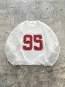 AXEPEAK Men's Numeric Print Round Neck Mesh Loose Long Sleeve Jersey T-Shirt, Summer, Streetwear Edition, For Fall - White - View 1