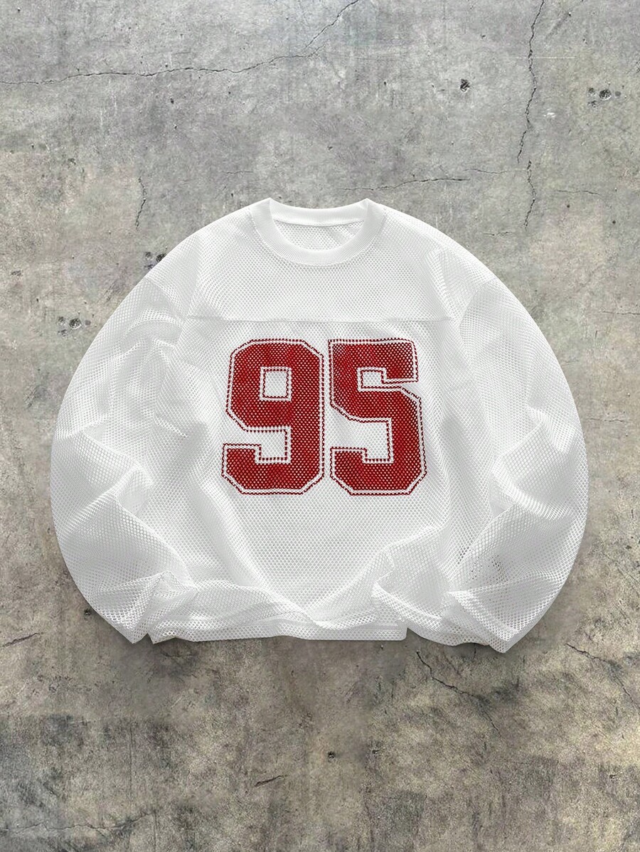 AXEPEAK Men's Numeric Print Round Neck Mesh Loose Long Sleeve Jersey T-Shirt, Summer, Streetwear Edition, For Fall - White - View 1