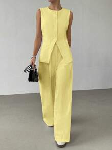 SHEIN EZwear Ensemble 2 pièces en lin pour femmes, jaune, décontracté pour les tenues de bureau d'été pour femmes, tenue professionnelle pour femmes d'affaires, vêtements pour femmes professionnelles en automne/hiver - Jaune citron - Voir 4