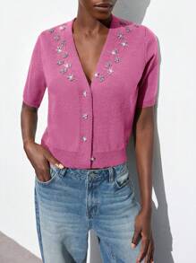 Maija 2025 Autumn/Winter New Design Knitted Cardigan With Crystal Buttons, Elegant Modern Romantic Casual For Party, Wedding, Countryside Concert, Airport, Business, Daily Wear, Versatile Sweater For Women, Christmas Women's Clothing, Pink