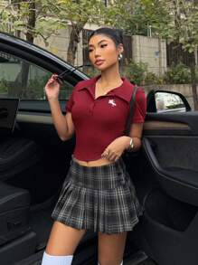 SHEIN EZwear 夏季针织纯色勃艮第酒红色 Polo 领刺绣装饰短袖 T 恤 - 酒紅色 - 查看 5