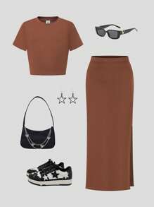 Tween GirlsStriped Knit Ribbed Crop Top And A-Line Long Skirt 2 Pieces Set, Casual Daily Outfit