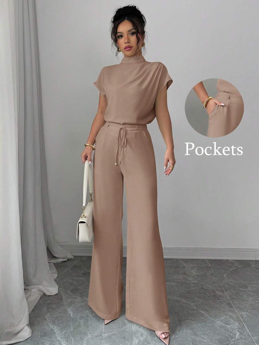 Chiquease 优雅休闲杏色梭织圆领无袖女衬衫，杏色梭织阔腿裤，女款两件套 - 卡其色 - 查看 1