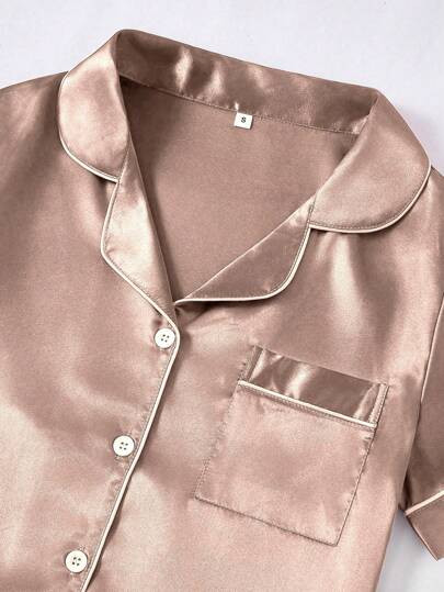 LuxeNights 3 PiecesWomen's Contrast Trim Solid Color Faux Silk Collar Pajama Set view 6