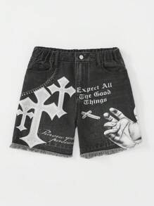 Tween Boy Lightweight Denim Shorts With Trash Punk Chain Print Pattern, Summer 2025 Collection, Suitable For Spring/Summer Festival, Beach, Casual Daily Wear - Black - View 1