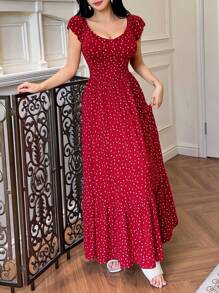 DAZY Vestido largo de punto estilo maxi con espalda descubierta y estampado floral pequeño, cinturón de cintura, vestido de pijama estilo vacaciones para mujer, color rojo, para el Día de San Valentín - Rojo - Ver 7