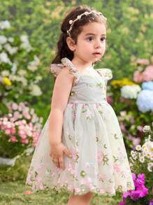Baby Girl Woven Embroidered Mesh Square Collar Puff Sleeve Dress - Multicolor - View 3