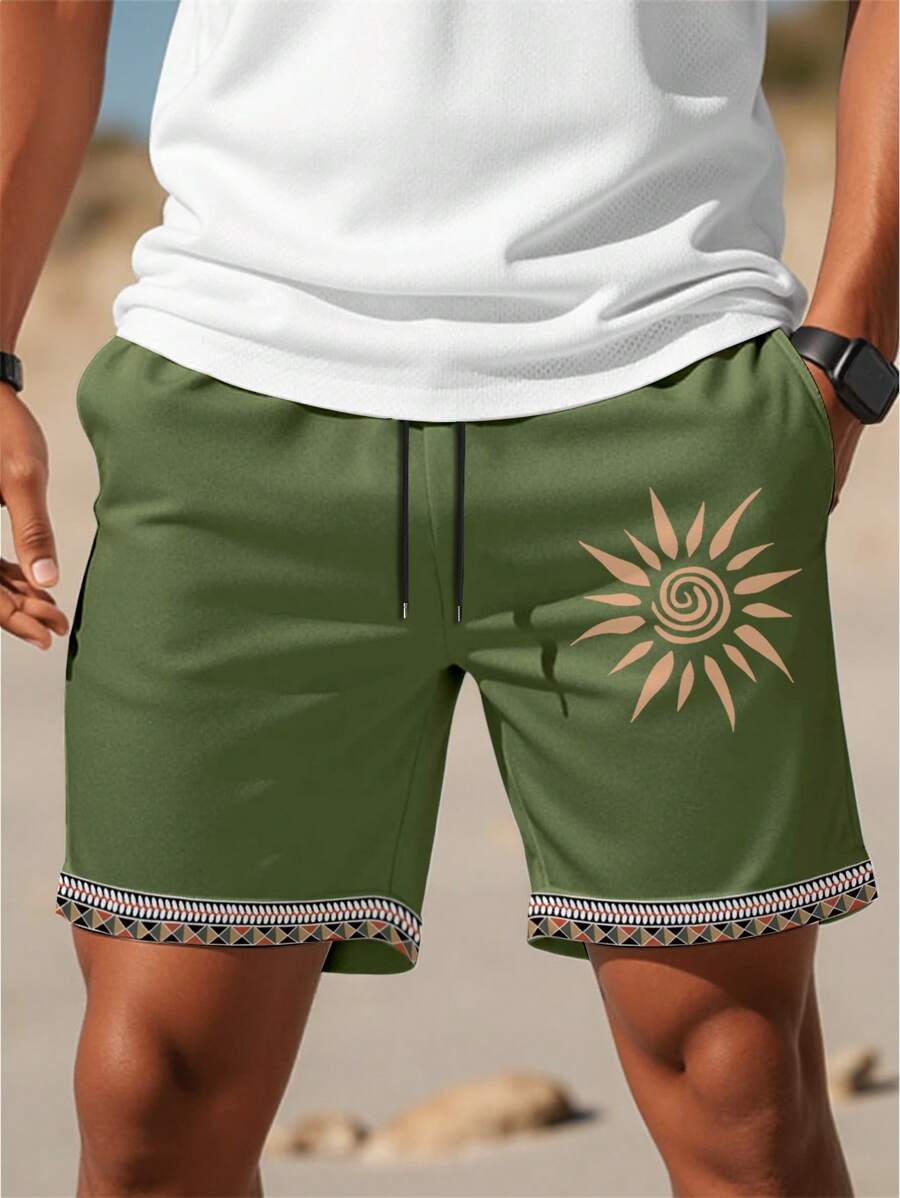Manfinity RSRT Men's Drawstring Waist Sun Print Pockets Casual Loose Shorts - Multicolor - View 1
